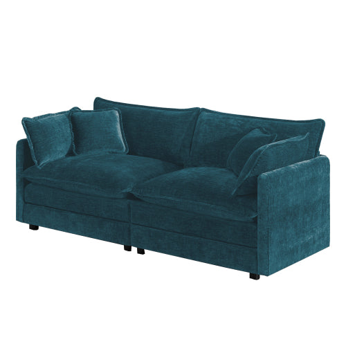 Blue Chenille Modern Deep-Seat Loveseat Sofa with 4 Throw Pillows