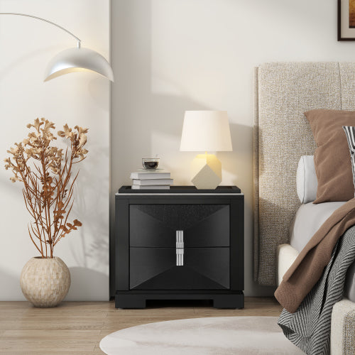 Mid-Century Modern Nightstand, 2 Drawers Wide Sofa Side Table,Wood Diamond Shaped End Table with Storage,Closet with Heavy Duty Base,Small Bedside Table for Bedroom,Living Room,Entrance,Black