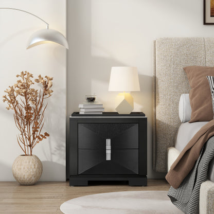 Mid-Century Modern Nightstand, 2 Drawers Wide Sofa Side Table,Wood Diamond Shaped End Table with Storage,Closet with Heavy Duty Base,Small Bedside Table for Bedroom,Living Room,Entrance,Black