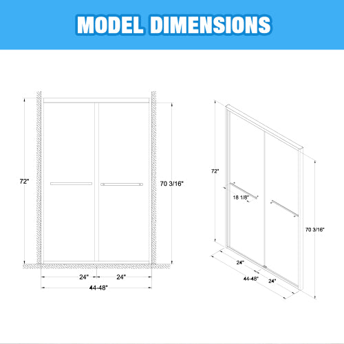 44-48"x72" Aluminum Frame Double Sliding Shower Door,Bypass Bathroom Sliding Door with Premium 5/16" (8mm)