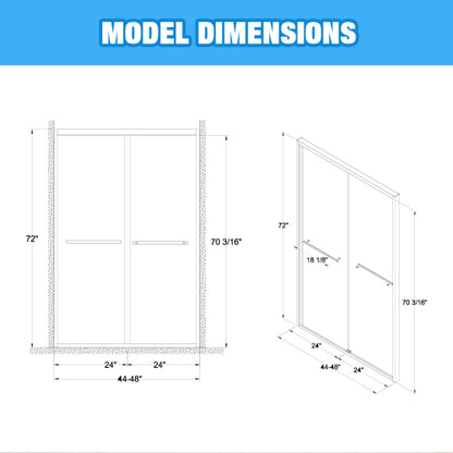 44-48"x72" Aluminum Frame Double Sliding Shower Door,Bypass Bathroom Sliding Door with Premium 5/16" (8mm)