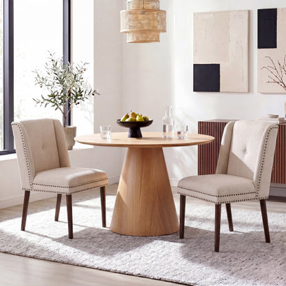 2-Piece Light Luxury Rivet Dining Chairs, Rubber Wood Legs & Fabric Cushion