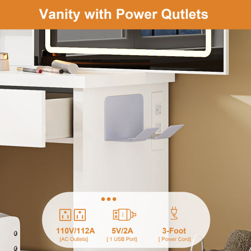 White Vanity Desk Set with Sliding Lighted Mirror, 4 Drawers & 9 Storage Spaces, Hidden Compartments, Cushioned Stool