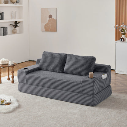 70.8-inch corduroy two-in-one sofa bed, featuring a lounge chair with two throw pillows, built-in cup holders in the armrests, and side storage pockets-ideal for living rooms, bedrooms, and relaxation