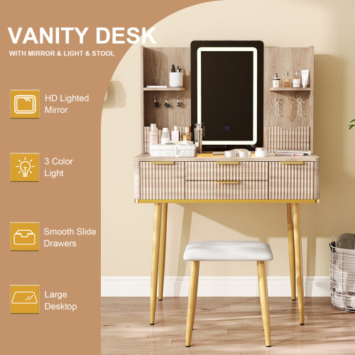 4-Drawer Vanity Desk with LED Mirror & Carved Details, Fluted Makeup Table with Metal Legs and PU Stool, Carved Dressing Table with Jewelry Storage for Bedroom
