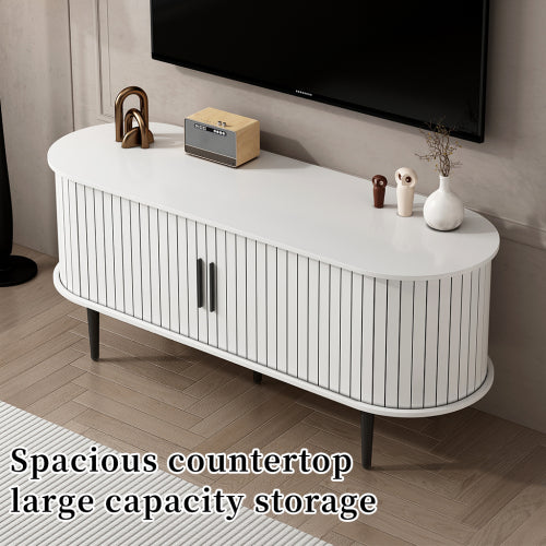 47 Inch White Mid-Century Media Console Fluted Sliding Door MDF TV Stand with Metal Support Legs