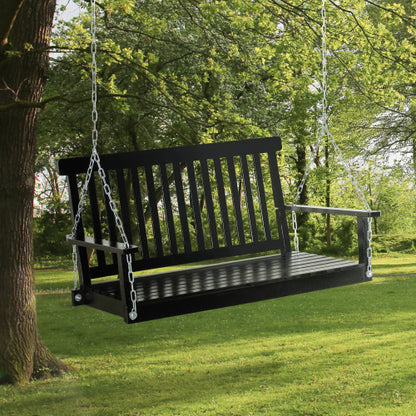 Outsunny 2-Seater Hanging Porch Swing Outdoor Patio Swing Chair Seat with Slatted Build and Chains, 440lbs Weight Capacity, Black