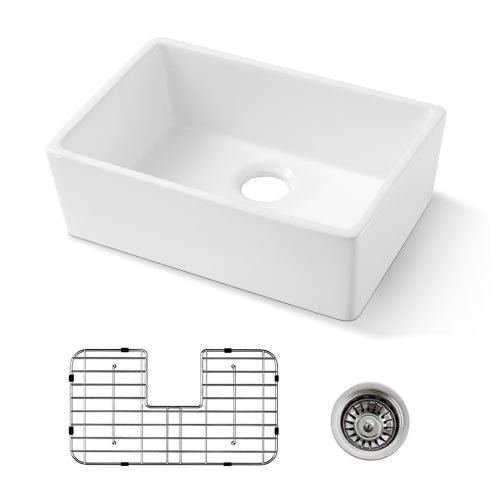 24 Inch White Fireclay Farmhouse Sink-24x 16 White Farm Sink for Small Kitchen and Laundry, Apron Front Porcelain Ceramic Sink Single Basin with Bottom Grid and Strainer