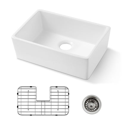 24 Inch White Fireclay Farmhouse Sink-24x 16 White Farm Sink for Small Kitchen and Laundry, Apron Front Porcelain Ceramic Sink Single Basin with Bottom Grid and Strainer