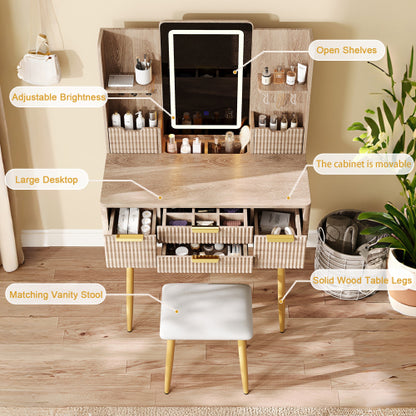 4-Drawer Vanity Desk with LED Mirror & Carved Details, Fluted Makeup Table with Metal Legs and PU Stool, Carved Dressing Table with Jewelry Storage for Bedroom