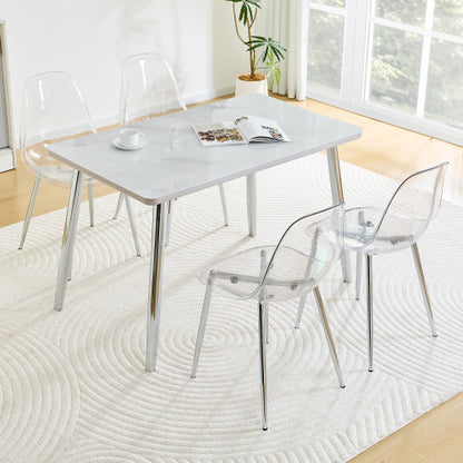 5-Piece Marble Glass Dining Set, Double-Layer Table & 4 Transparent Plastic Chairs with Silver Legs