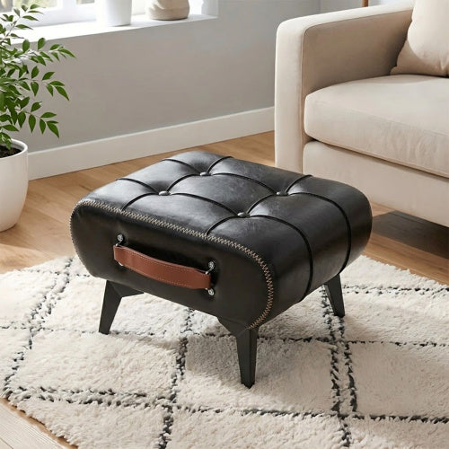 Rectangular Tufted Faux Leather Storage Ottoman with Handle & Metal Legs, Multiuse Footrest for Entryway & Small Apartment