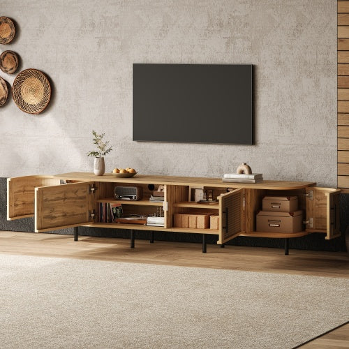 70.8 inch Natural Wood 4-Door PE Rattan TV Stand Iron Leg Media Console For 80 Inch TV