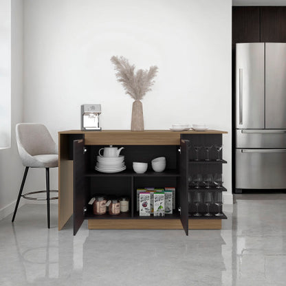 Kitchen Bar Counter with Shelves and Cabinets, Black Wengue / Natural Oak