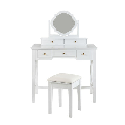 White Compact Vanity Table Set with Reversible Adjustable Mirror, 5 Drawer Storage & PU Cushioned Stool