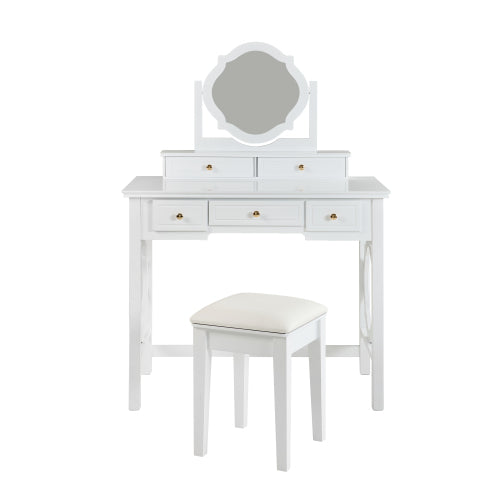 White Compact Vanity Table Set with Reversible Adjustable Mirror, 5 Drawer Storage & PU Cushioned Stool