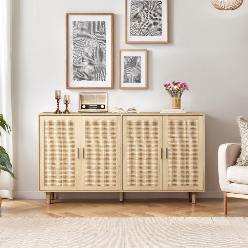 62.2 Inch Natural Rattan Four-Door Storage Cabinet Particle Board Solid Wood Leg Adjustable Shelf Household Sideboard Cabinet