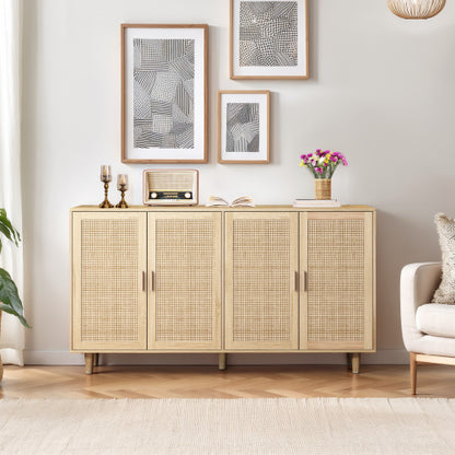 62.2 Inch Natural Rattan Four-Door Storage Cabinet Particle Board Solid Wood Leg Adjustable Shelf Household Sideboard Cabinet