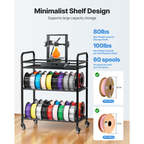 3 Tier Filament Storage Rack 3D Printer Spool Holder with Wheels 60 Spool Capacity