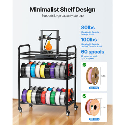 3 Tier Filament Storage Rack 3D Printer Spool Holder with Wheels 60 Spool Capacity
