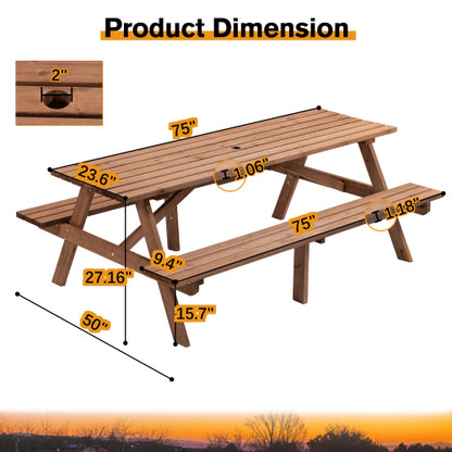 8 Person Brown Wooden Picnic Table, Outdoor Camping Dining Table with 2 Seats, Garden, DIY with 2 Built-in Benches, 2220lb Capacity