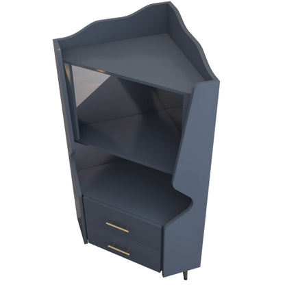 Wooden Corner bar cabinet with 2 open storage shelves and 2 drawers, mirrored back sideboard cabinet, high feet/legs for easy cleaning, buffet cabinet BLUE