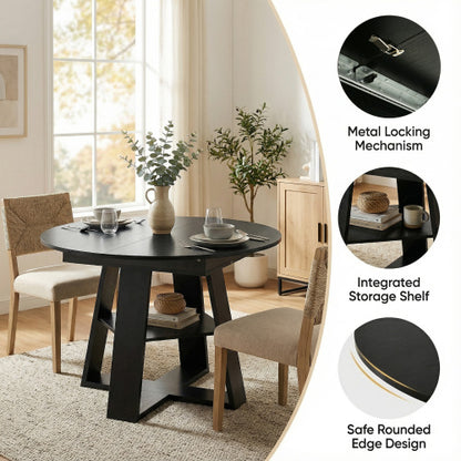 Extendable Round Dining Table for 4-8, Modern Oval Kitchen Table with Storage Shelf, Black