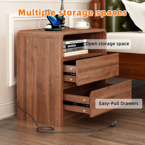 Walnut Curved Nightstand, 25inch Tall Handle-Less Bedside Table with Drawers & Charging Station