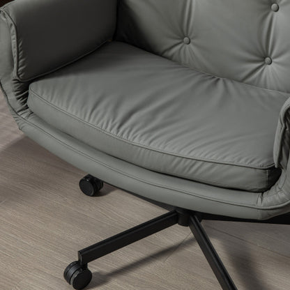 Criss Cross Chair with Adjustable Armrests & Wheels & Headrest, PU Lounge Vanity Desk Chair with Wide Seat for Cross-Legged Sitting, Swivel Task Office Chairs for Home, Makeup, Gaming, Office, Gray