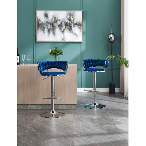 Set of 2 Bar Stools,with Chrome Footrest and Base Swivel Height Adjustable Mechanical Lifting Velvet + Chrome  Leg Simple Bar Stool-BLUE