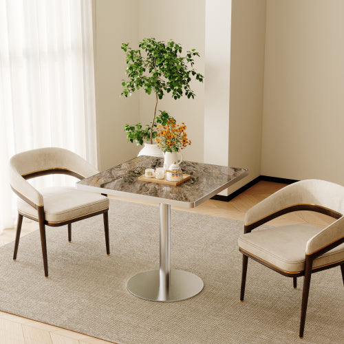 31.5 Inch Modern Snow Mountain Stone Dining Table, Square Tulip Table with Aluminum Alloy Trim & Gold Steel Base