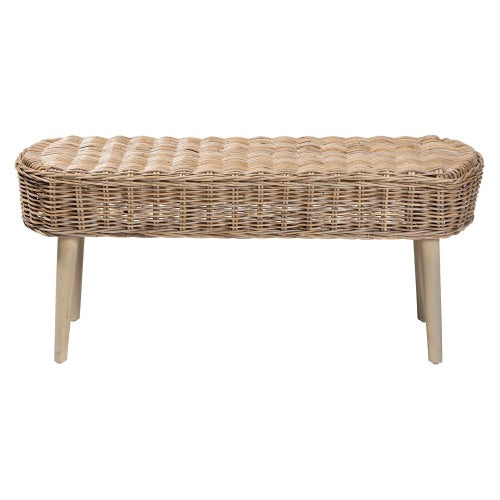 Modern Bohemian Natural Kubu Rattan and Grey Acacia Wood Accent Bench