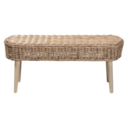 Modern Bohemian Natural Kubu Rattan and Grey Acacia Wood Accent Bench