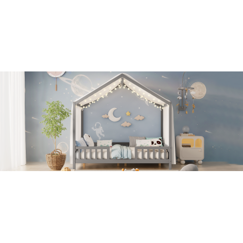 Montessori Floor Bed with Canopy, Full Bed Frame for Kids, House Shape Toddler Bed Frame with High Railings, Wood Kids Bed with Roof, Kid Full Bed, Grey