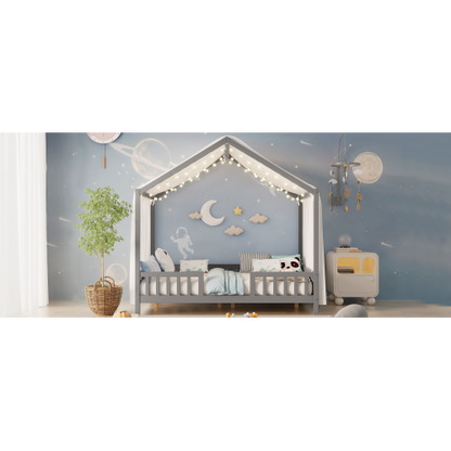 Montessori Floor Bed with Canopy, Full Bed Frame for Kids, House Shape Toddler Bed Frame with High Railings, Wood Kids Bed with Roof, Kid Full Bed, Grey
