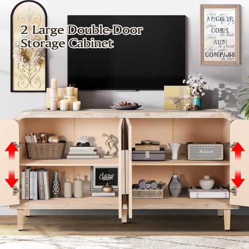 59'' Farmhouse Curved Vintage Storage Sideboard with Adjustable Shelves (Natural Wood Washed)