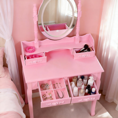 Pink Princess Vanity Desk Set with Mirror & Cushioned Stool,Light Modes,4-Drawer Wooden Makeup Vanity Table for Girls' Bedroom, Dressing Table with Ample Storage