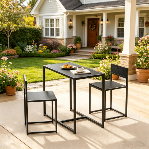 3-Piece Black Modern Dining Set, MDF & Galvanized Steel Table with 2 Low-Back Bar Stools