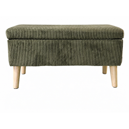 32 inch Olive Green Corduroy Flip-Top Storage Ottoman Bench, Wooden Leg Upholstered End of Bed & Entryway Stool