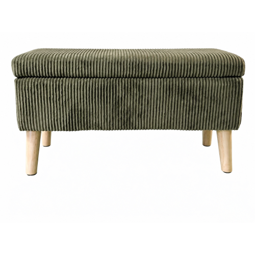 32 inch Olive Green Corduroy Flip-Top Storage Ottoman Bench, Wooden Leg Upholstered End of Bed & Entryway Stool