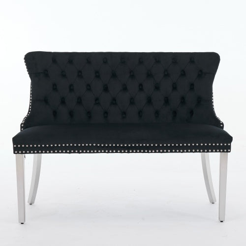 Velvet Double Dining Loveseat Bench, Kitchen & Dining Seating, 2-Seat Tufted Bench w/Handmade Buttons, Wing Back, Brushed Silver Stainless Steel Legs, Mid Century Modern,Single Pack,Black