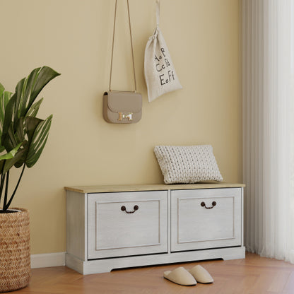 Shoe Storage Bench with 2 Flip Drawers and Adjustable Shelf for Entryway, Hallway, Bedroom-Antique White