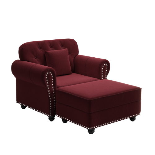 41.3 inch  Burgundy Velvet Mid-Century Sofa,Nailhead Trim & 1 Pillow