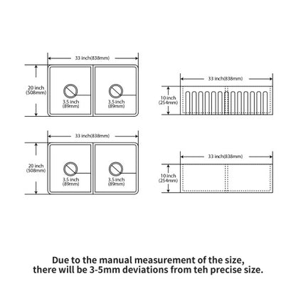 White Farmhouse Sink - 33 x 20 x 10 inch White Ceramic Porcelain Double Bowl Reversible Design Farm Kitchen Sink