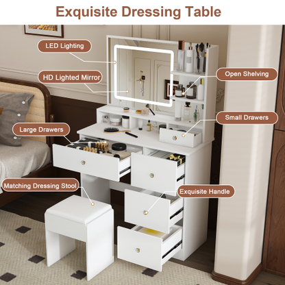 Fashion Vanity Desk w/ 3-Color Dimmable LED Mirror, 4 Silent Sliding Drawers, Open Storage Shelf, White