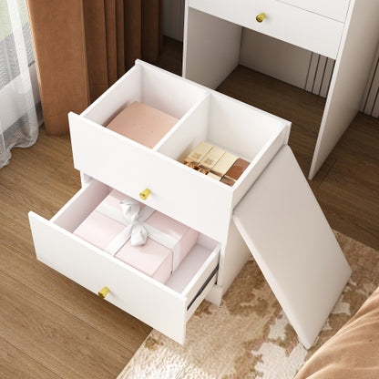 White 3-in-1 Dressing Table with LED Mirror & Storage Stool, 4 Drawers, Storage Cabinet, Open Bookshelf