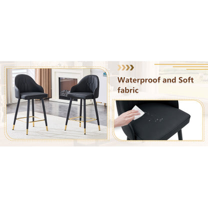 Set of 2 Black PU Leather Bar Stools: 37.7inch High, 25inch Seat Height, Gold Accent Footrest, Ideal for Kitchen Island, Home Bar & Dining Area, Available in Light Gray, White & Dark Gray Splicing Colors.