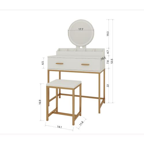Vanity Set with Mirror and Stool - Makeup Vanity Table with Storage Drawers and Organizer, White and Gold, Space-Saving Design for Small Bedrooms