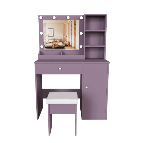 Purple Vanity Desk Set with Padded Stool & Adjustable Lighted Mirror, 8 Round Bulbs, 3 Color Modes, Modern Bedroom