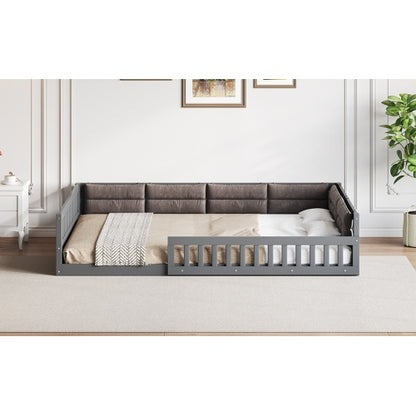 Wood Full Size Upholstered Platform Bed with Guardrail and Pillow, Gray